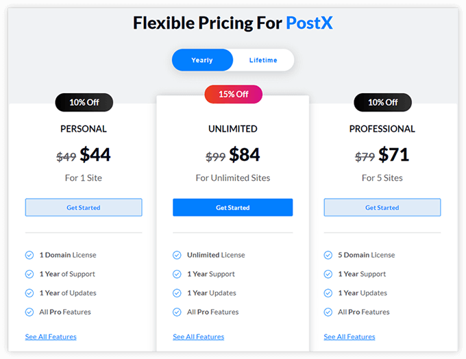 PostX Gutenberg blocks Pricing