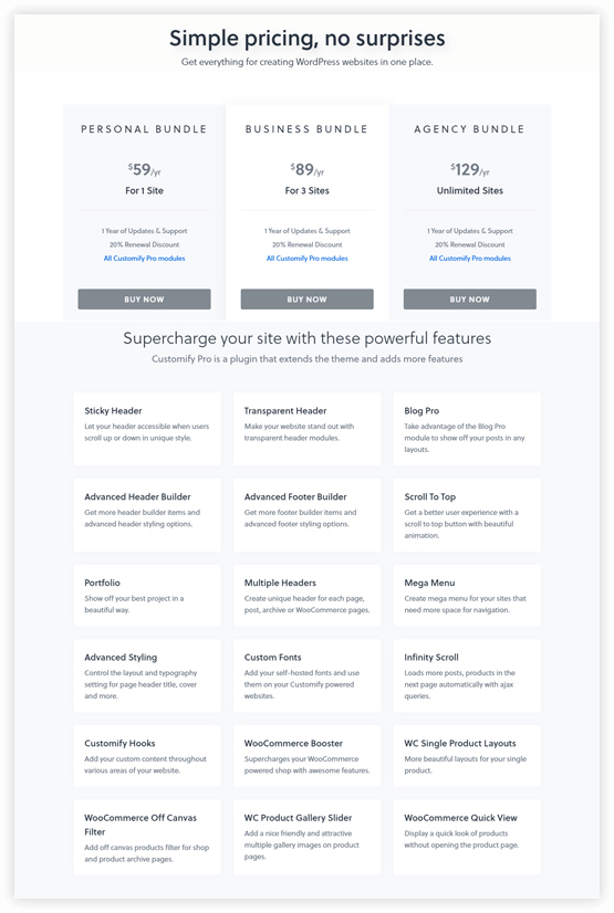 pricing and packages of Customify