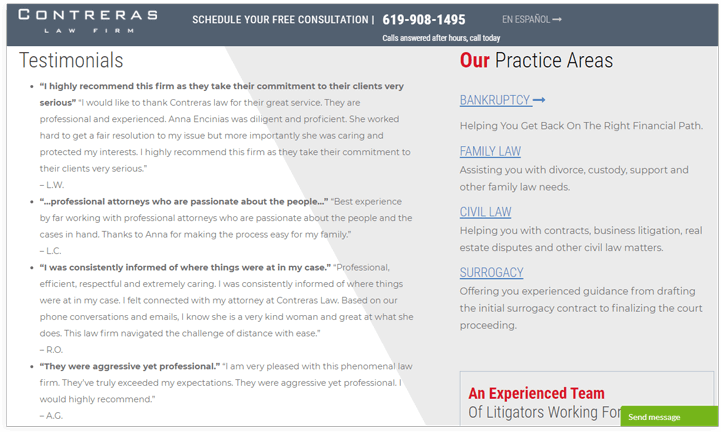 Client Testimonial & Reviews example for law firm