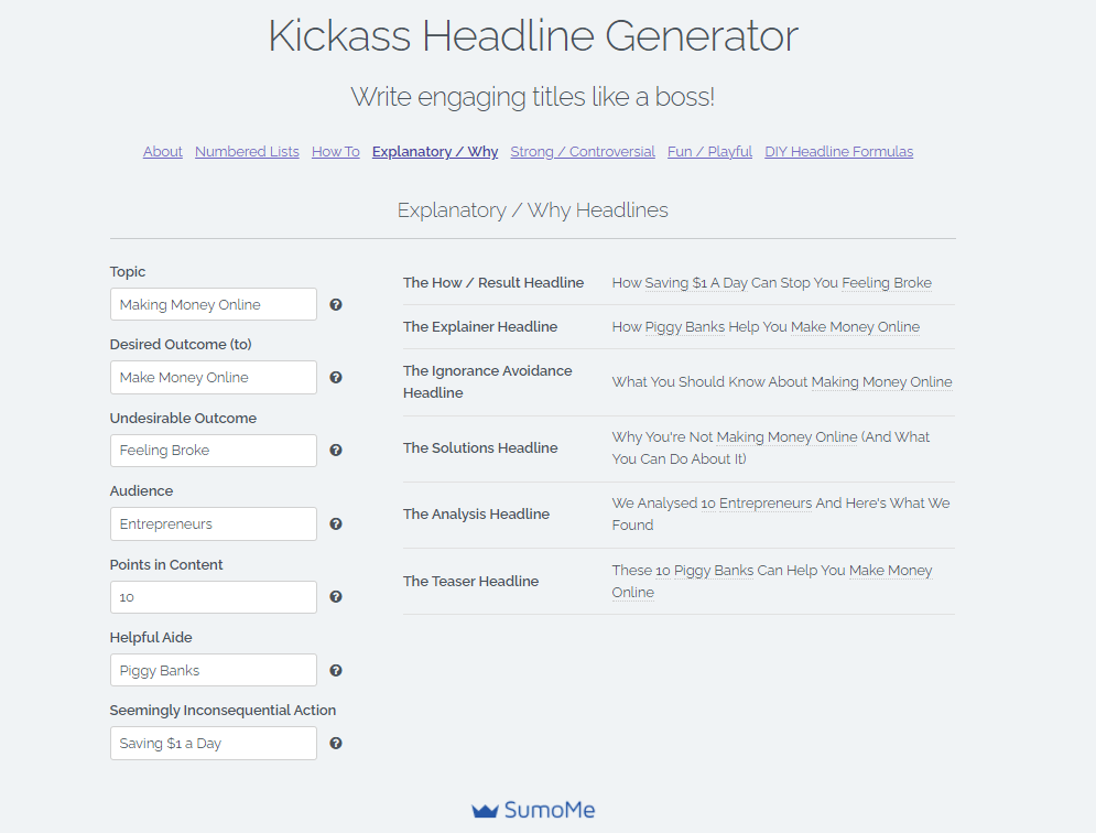 SumoMe Kickass Headline Generator