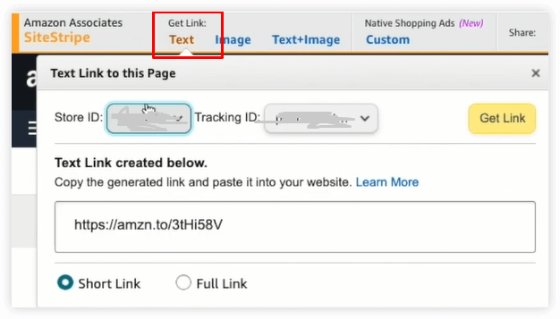 how to get affiliate link from the Site Strip on the Amazon website